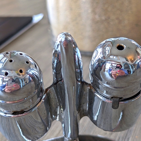 Vintage 1950s Chrome Jet plane Cruet set salt pepper shakers silver blue - Picture 11 of 17